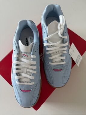 Reebok Pale Blue & White Leather Tennis Sneakers with Gum Outsole